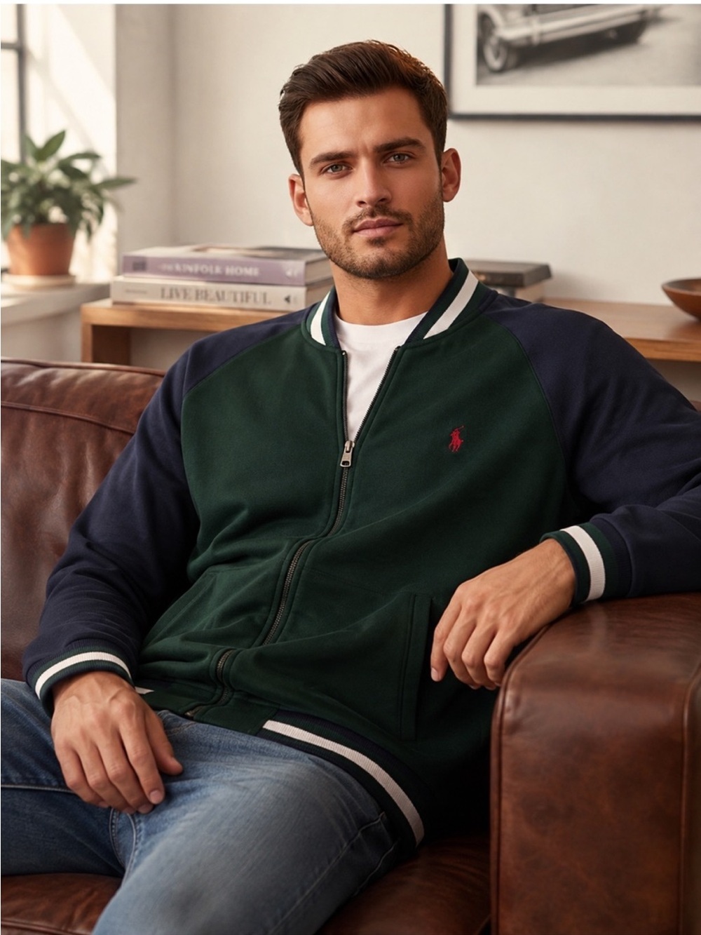 Polo Ralph Lauren Cotton Varsity Baseball Jacket XL Mens Green Blue Full Zip